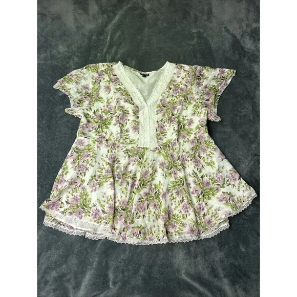 Torrid Blouse Floral Clip Dot Flutter Sleeve Babydoll Chiffon Lace Trim Size 1X - Picture 3 of 15